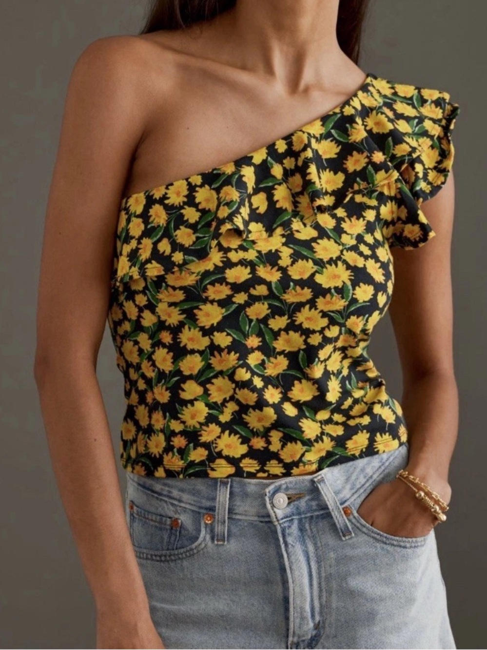 Maeve  One-Shoulder Yellow Floral Ruffle Top
